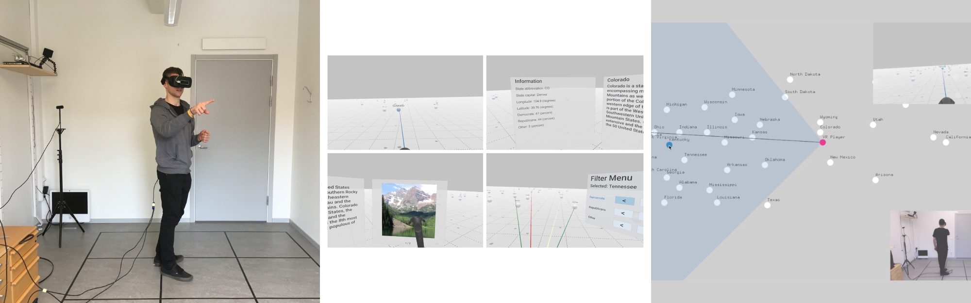 A collage of three images that visually represent the research about Open Data Exploration in Open Data Exploration in Virtual Reality (ODXVR).